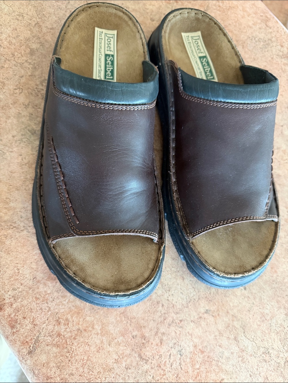 Josef Seibel Dark Brown Leather Slide Sandals with Black Trim